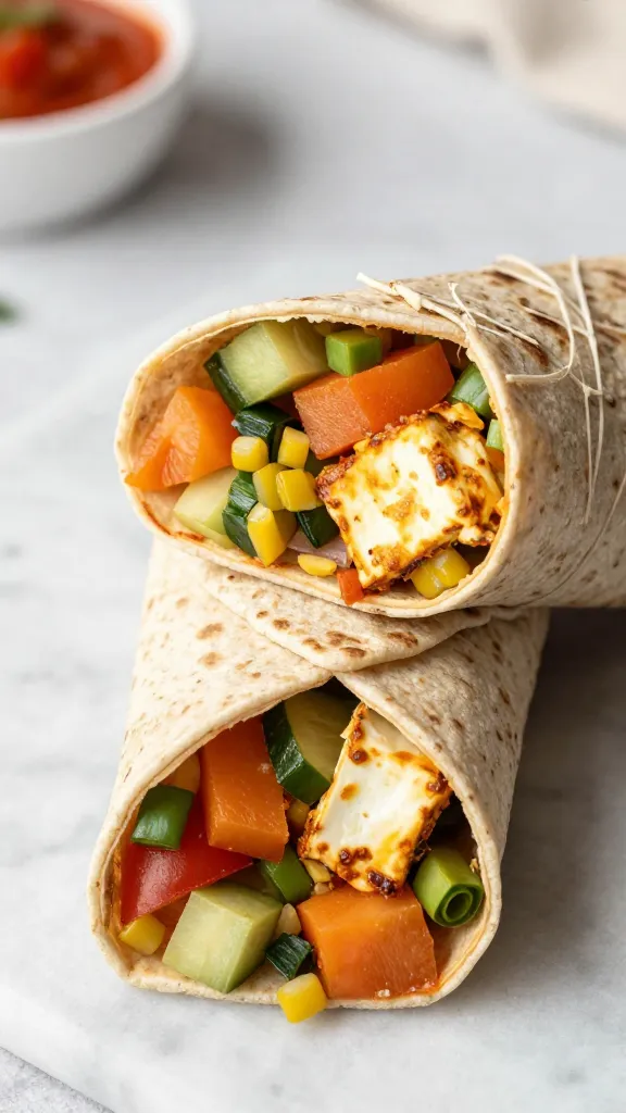 Paneer wrap on multigrain tortilla with veggies