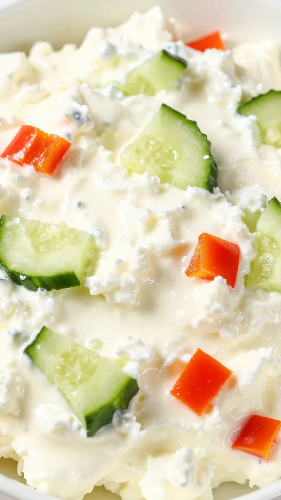 Close-up of cottage cheese filling with cucumber and bell pepper