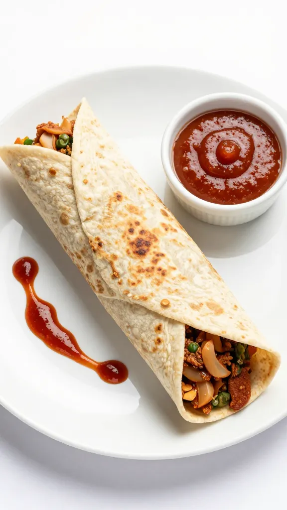 Finished Indian wrap on clean white plate, chutney drizzle