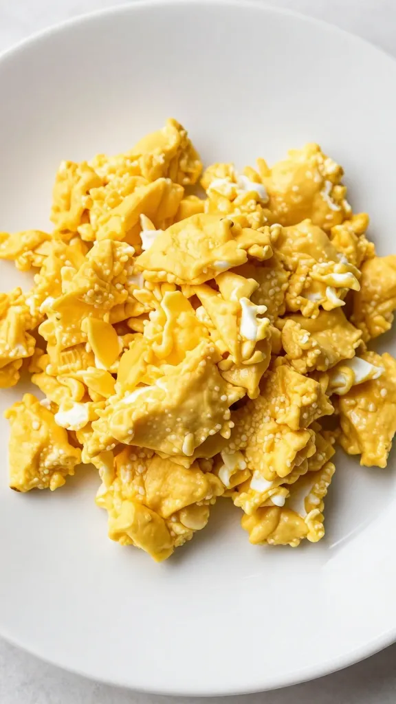 Scrambled eggs with turmeric on white plate, soft lighting
