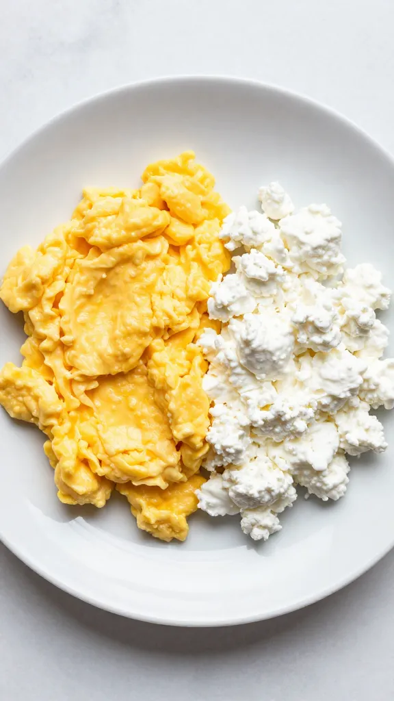 Breakfast plate with scrambled eggs and cottage cheese