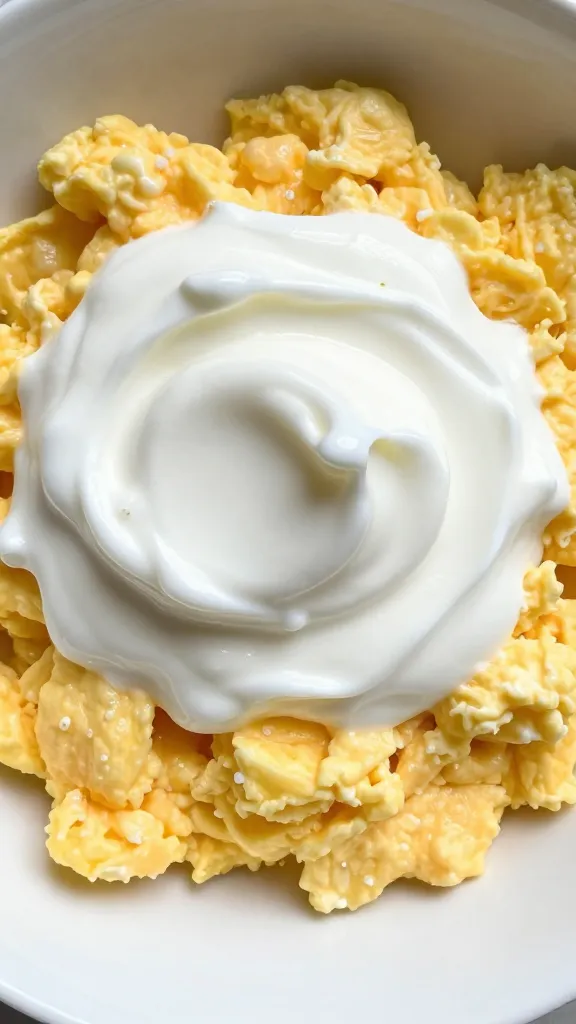 Greek yogurt swirled into fluffy scrambled eggs