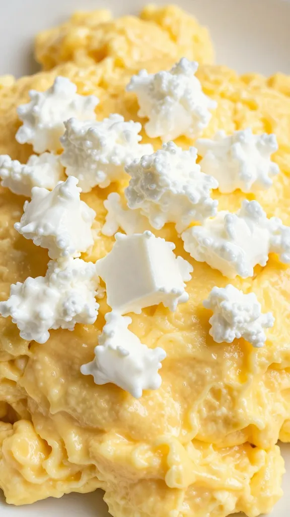 Cottage cheese folded into creamy scrambled eggs close-up