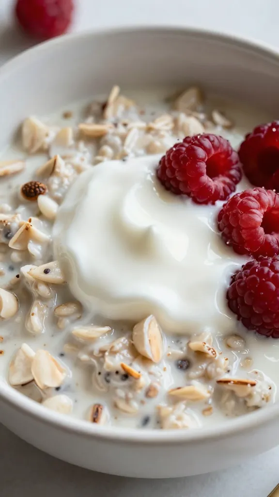Overnight oats topped with yogurt drizzle and berries gentle lighting