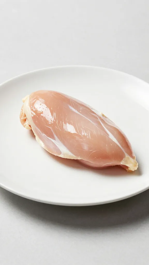 Lean chicken breast on white plate, minimalist studio lighting