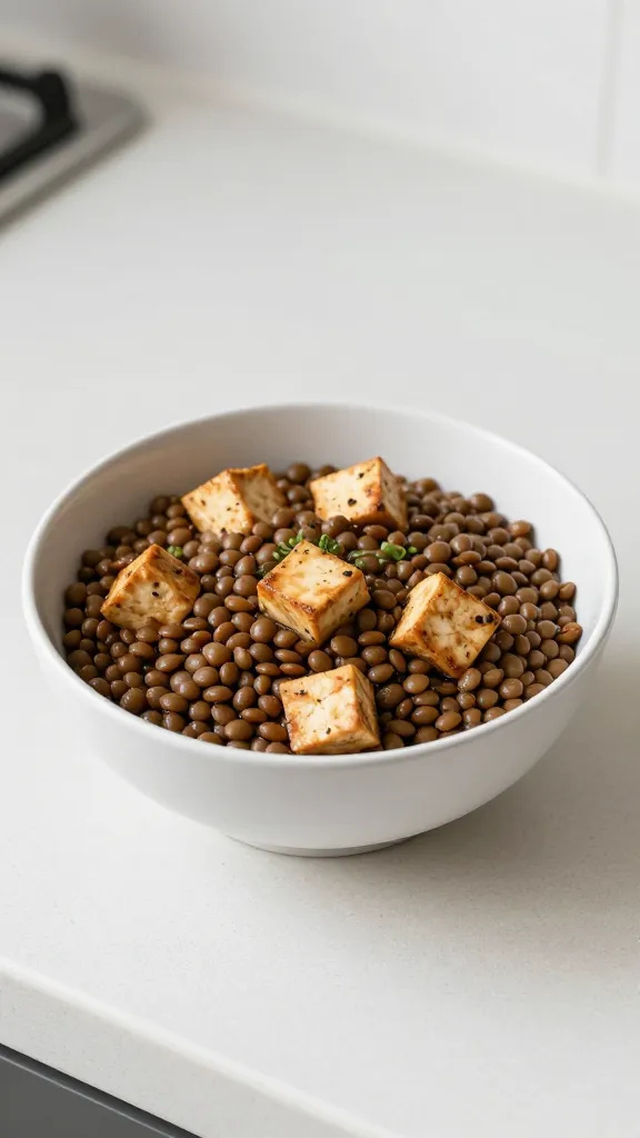 Bowl of lentils and tofu cubes, clean kitchen counter