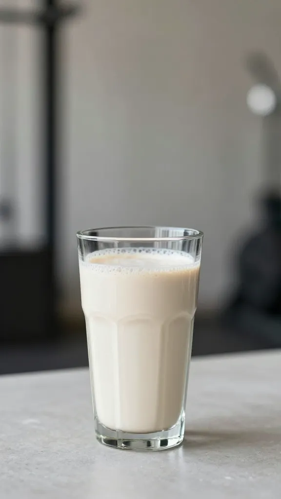 Whey protein shake glass, calm gym backdrop