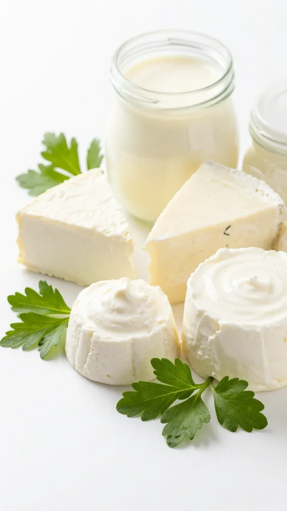 Assorted low-fat dairy products, fresh herbs, bright surface