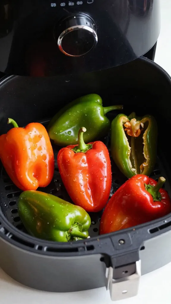 High-contrast setup: peppers in air fryer basket