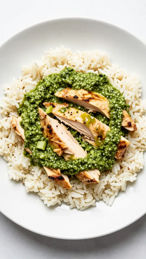 High-protein pesto chicken rice bowl on white plate