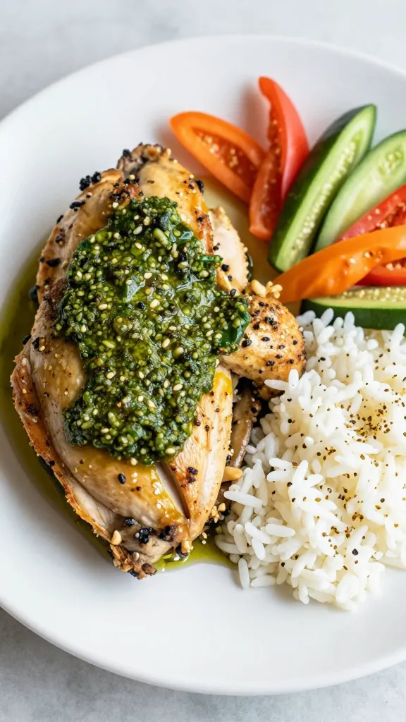 Assembly shot: chicken, pesto, rice, colorful veggies