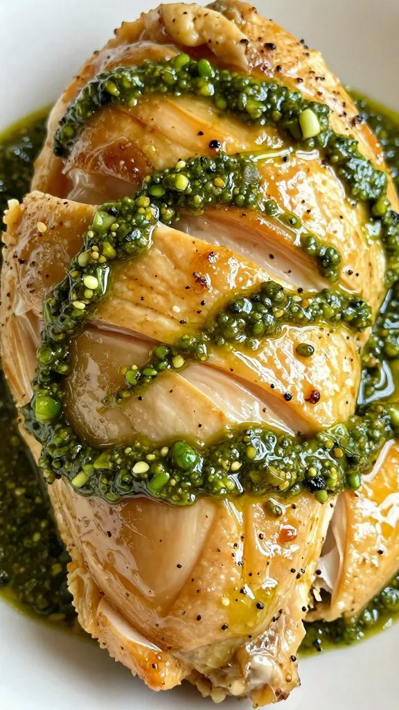 Close-up: juicy chicken with glossy pesto drizzle
