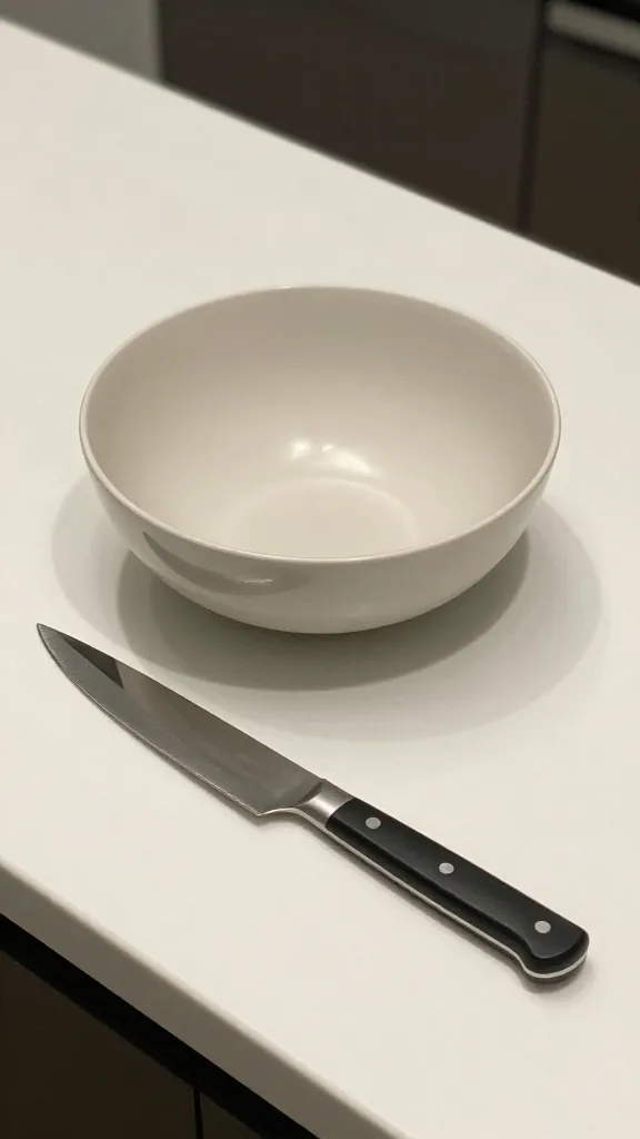 Weeknight dinner setup: bowl, minimal chef's knife, clean counter