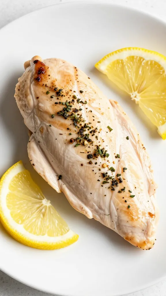 Lemon herb chicken breast on white plate, bright citrus glow
