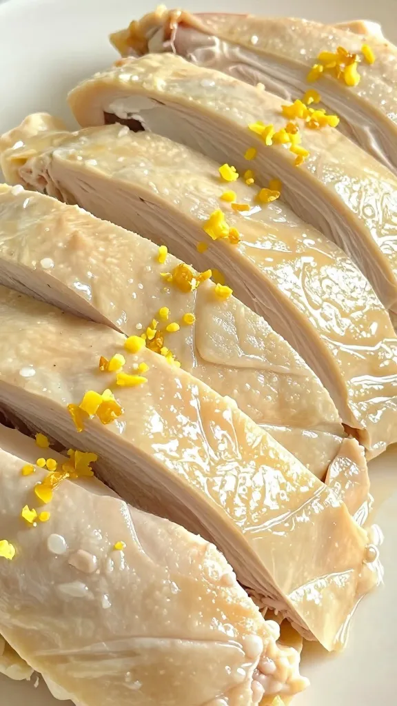 Close-up: juicy sliced chicken with lemon zest garnish