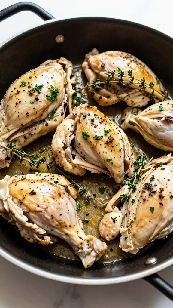 Pan with chicken, oregano, thyme sprigs, parsley sprinkle