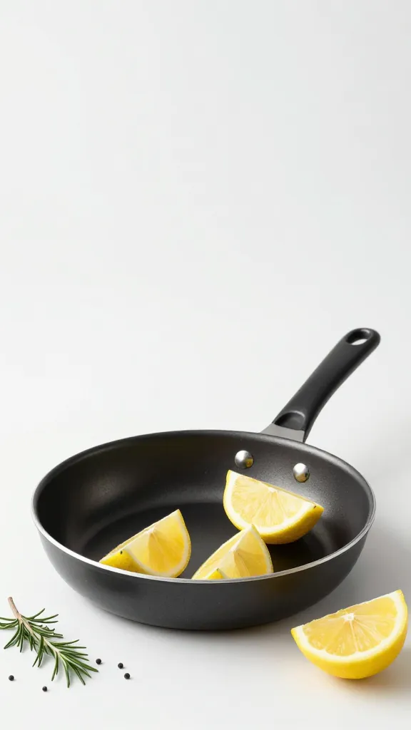 Studio shot: single-pan skillet, lemon wedges, herbs, minimal background