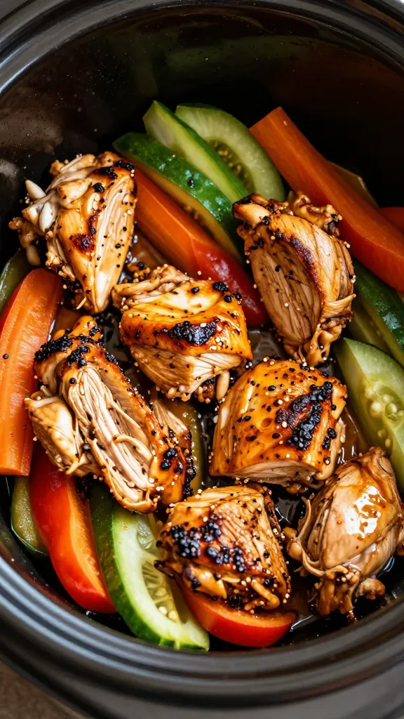 Slow cooker shawarma chicken bowls, close-up, vibrant veggies
