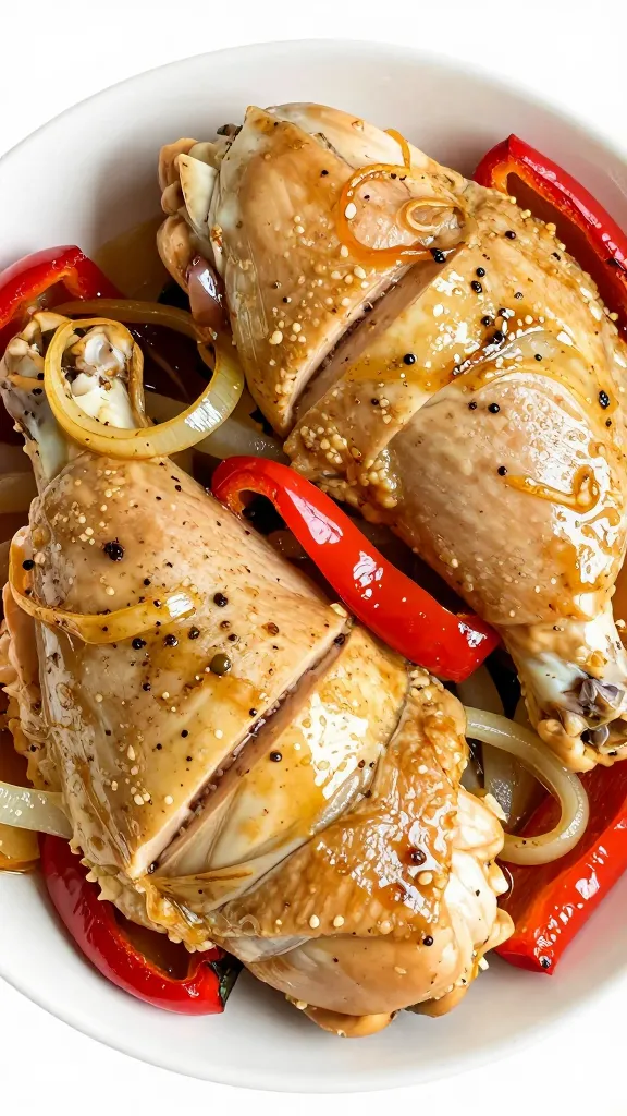 Marinated chicken thighs, sliced, with roasted peppers and onions