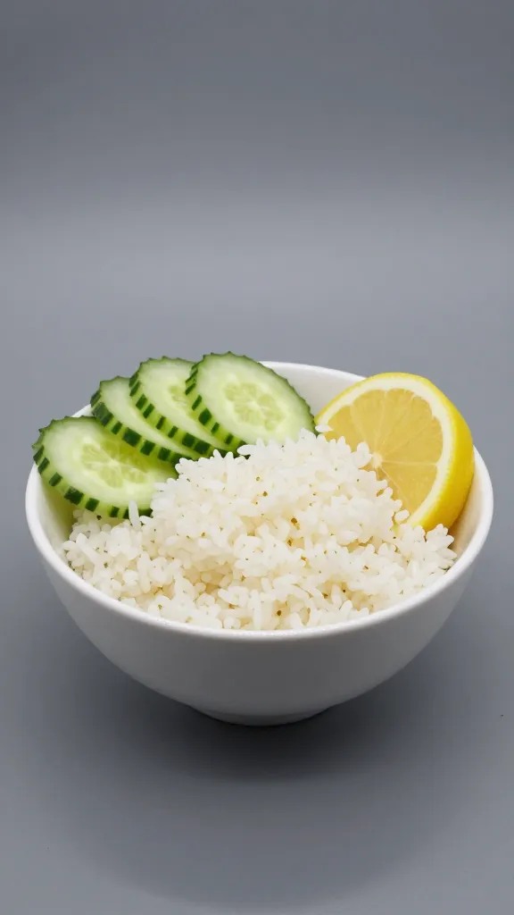 Finished bowl plated with rice, cucumber, and lemon wedge, studio lighting