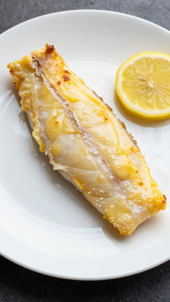 Buttered cod fillet on glossy white plate with lemon