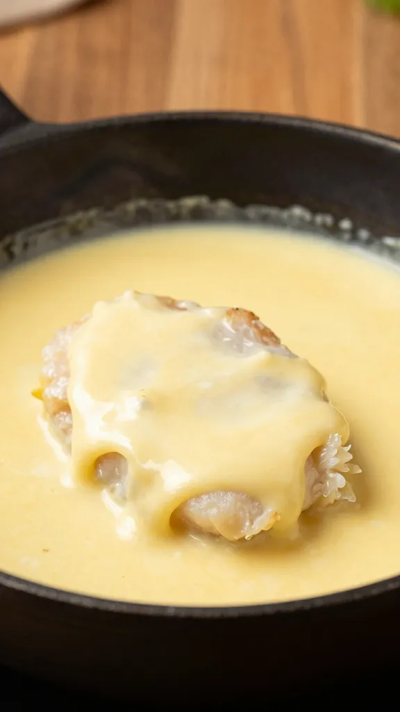 Skillet of cod butter sauce against warm kitchen backdrop
