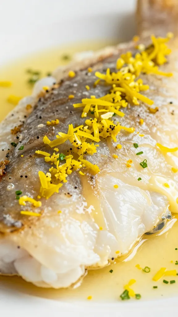 Lemon zest, fresh herbs, and buttered cod close-up plate