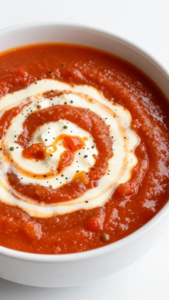 Creamy cottage cheese tomato soup in white bowl