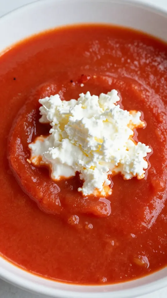 Close-up bowl of tomato soup with cottage cheese scoop