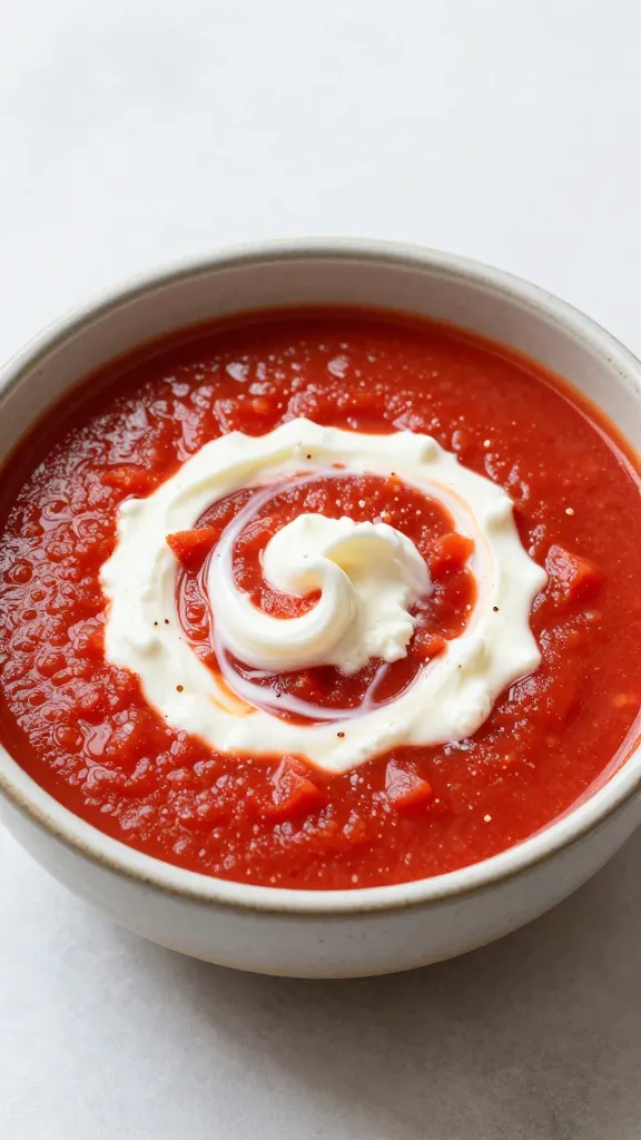 Rustic bowl with crushed tomato soup, cottage cheese swirl
