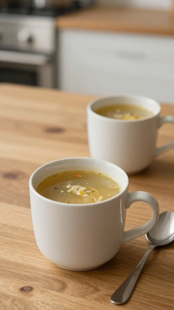 Cozy kitchen scene: mug, spoon, and soup on wood table