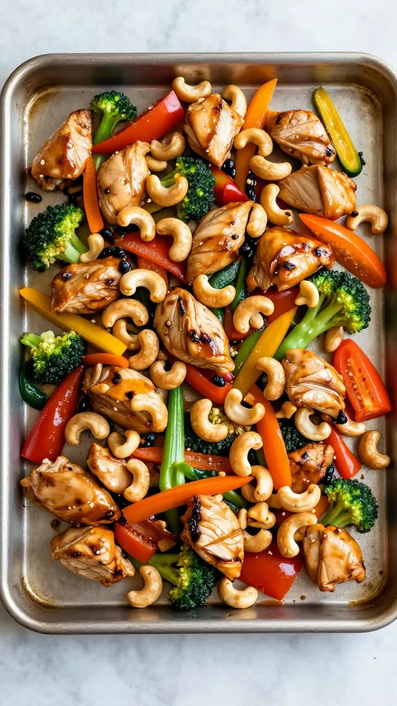 Sheet-pan cashew chicken on a baking sheet, colorful veggies