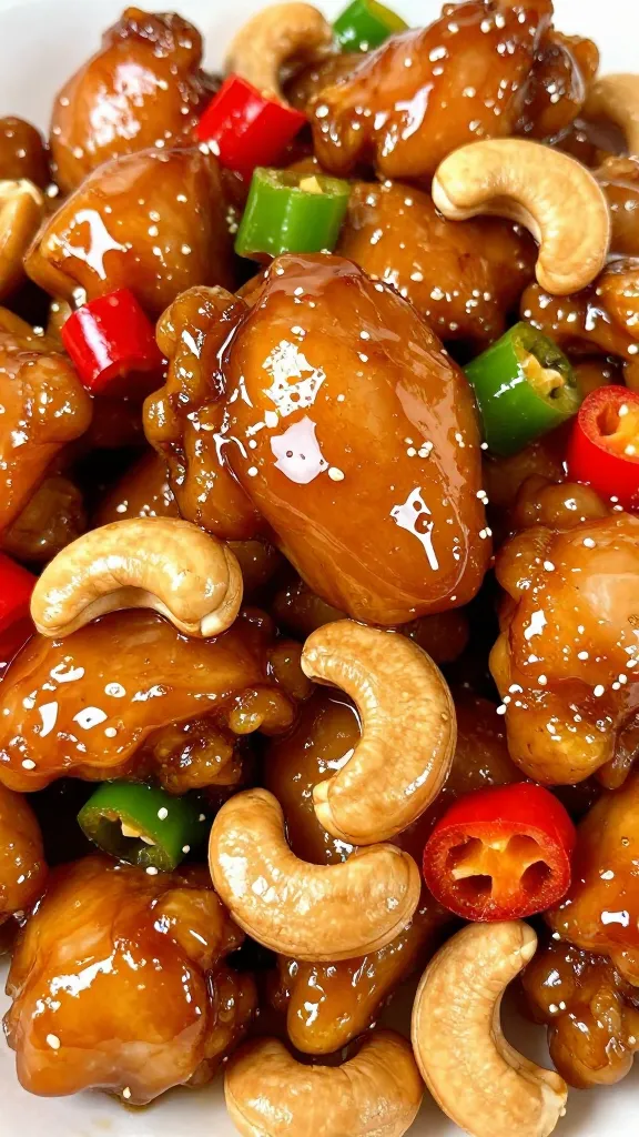 Close-up of glossy glaze on chicken with cashews and peppers