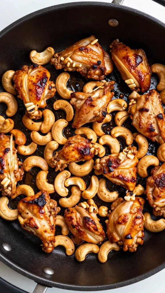 High-angle shot of oven-roasted cashew chicken pan