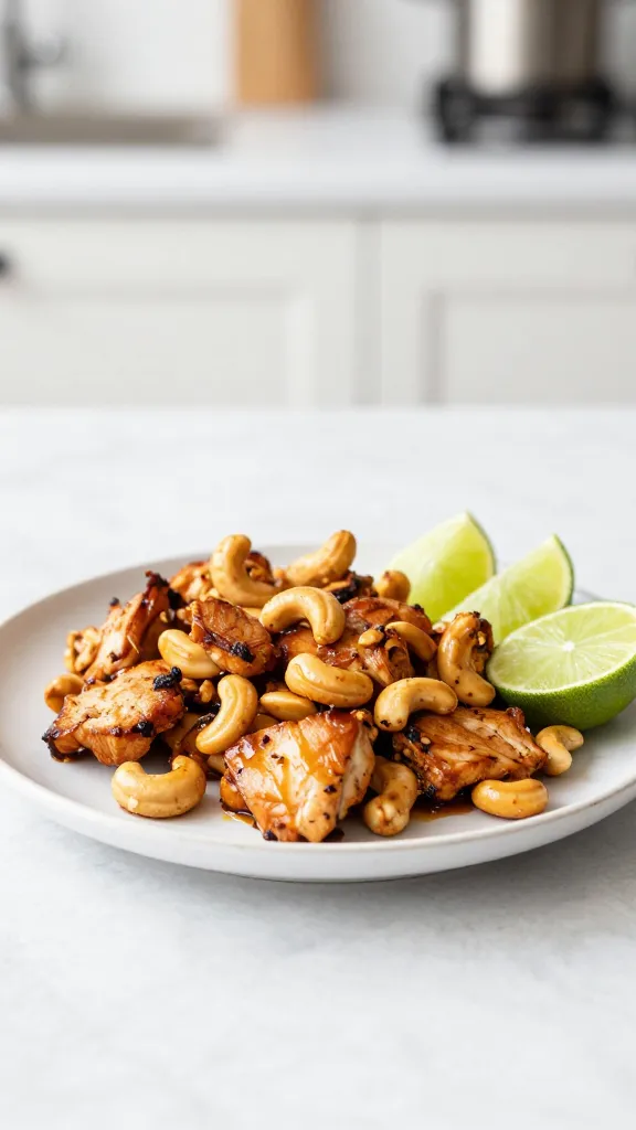 Bright kitchen scene with plated cashew chicken and lime wedges