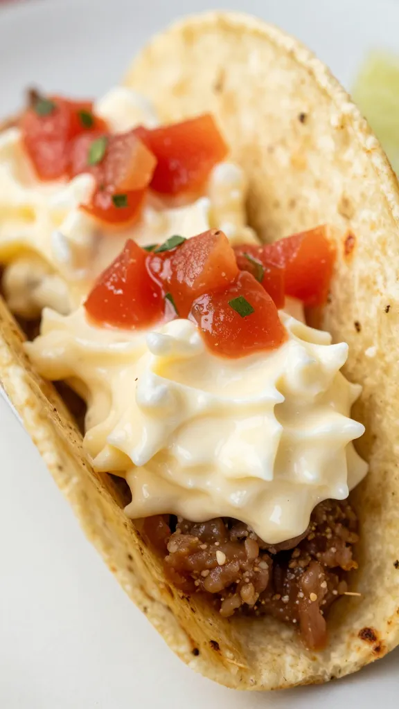Close-up of creamy taco filling with salsa drizzle