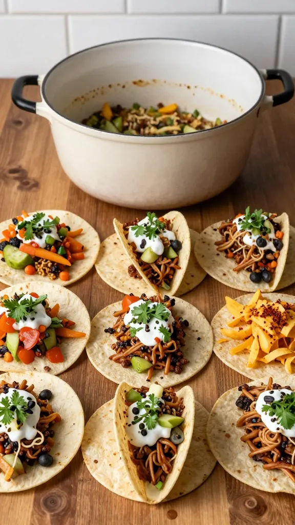 Rustic kitchen scene with crockpot and taco toppings array