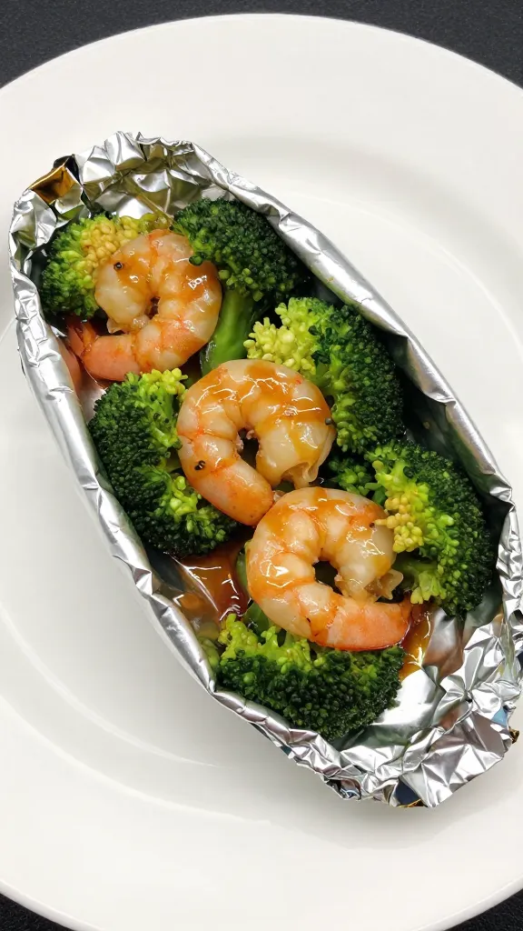Foil pack open with shrimp broccoli, glossy sauce, white plate