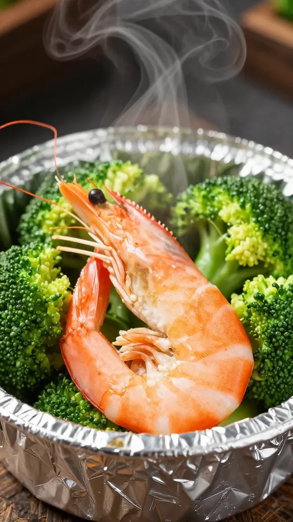 Close-up shrimp, broccoli in foil pouch, steam rising