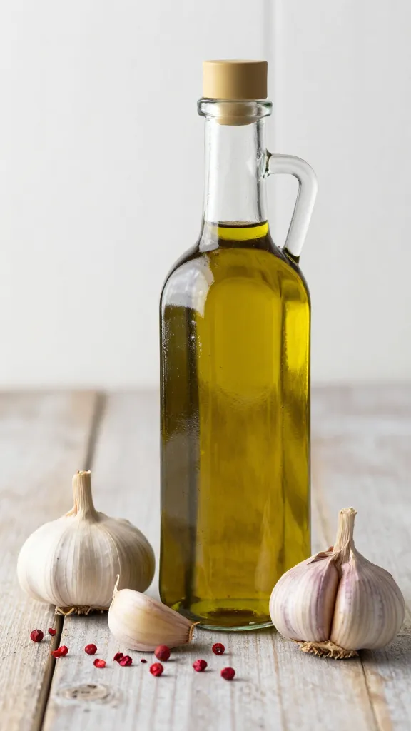 Rustic kitchen scene, olive oil bottle, garlic, red pepper flakes