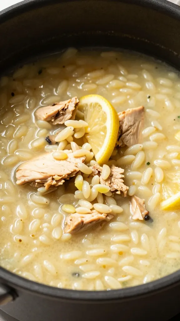 Crockpot lemon chicken orzo soup in bowl, bright sunlight