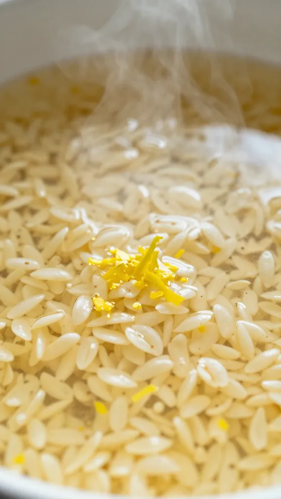 Close-up: steam, lemon zest, orzo in clear broth