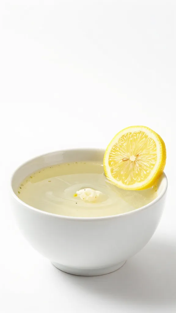 White ceramic bowl of soup, lemon slice garnish, minimal backdrop