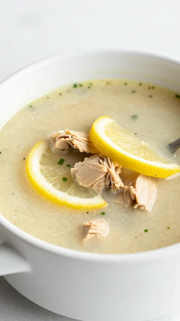 Crockpot chicken lemon soup in white ceramic bowl
