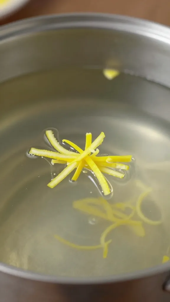 Close-up of lemon zest over simmering soup pot