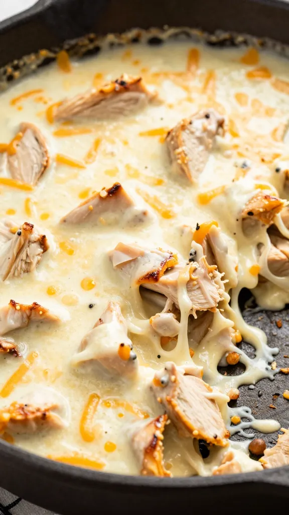 Creamy Mexican chicken skillet with cheese pull close-up