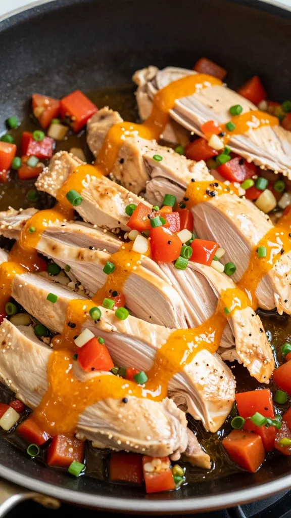 Citrus-scented salsa drizzle over sliced chicken in skillet