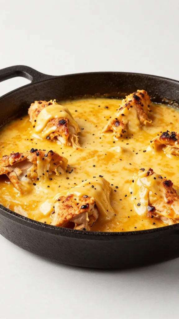 Studio shot of plated Mexican cheesy chicken skillet, vibrant colors