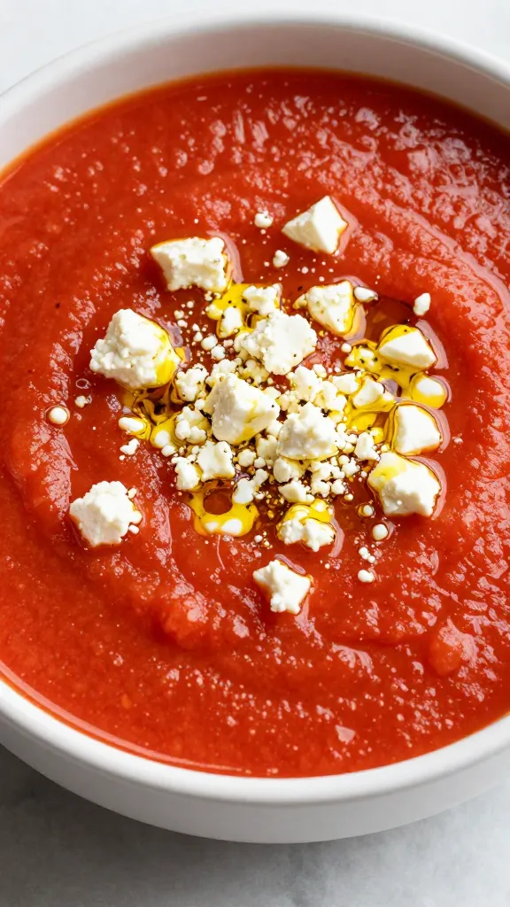 Feta crumbles sprinkled over vibrant tomato soup, drizzle of olive oil