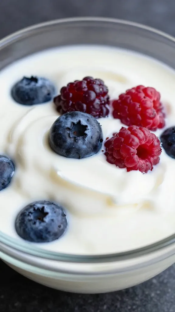 Greek yogurt with berries in glass bowl, close-up